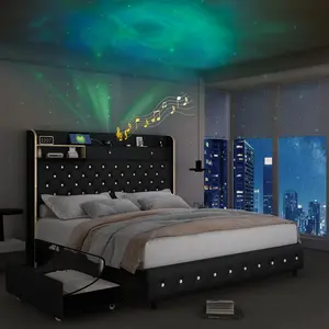 Full LED Galaxy Bed Frame Set with Star Projector, Modern Platform Bed with 2 Storage Drawers & Crystal Tufted Headboard with Charging Station, Noise-Free, No Box Spring Needed, PU & Velvet, Black/White/Gray/Cream