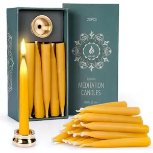 20 Minute Pure Beeswax Dripless Meditation Mini Taper Candles, Set of 20 with Brass Candle Holders