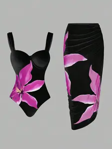 Women's 2-Piece Floral Print Swimsuit Set, Black Pink Lily Top with Built-in Pads, Ruched Skirt, Polyester-Blend True-to-Size Beach Bathing Suit,summervibes