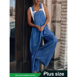 【Plus Size】 Solid Color Denim-effect Print Overalls, Fashion Sleeveless Pocket Overalls for Daily Outdoor Wear, Women's Plus Clothing for All Seasons, Baggy Dungarees, Womenswear, Casual Comfy Jumpsuit, Lady Casual Jumpsuits（gift）(Sheets)