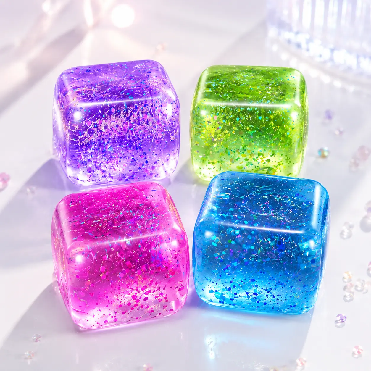 Glitter Cube Squishy Toy, Clear Sparkly Sensory Fidget Toy, Slow Rising Stress Relief Squeeze Toy, ASMR Satisfying Desk Toy for Kids Teens Adults, Cute Aesthetic Gift, Anxiety Relief Relaxing Toy for Study Office