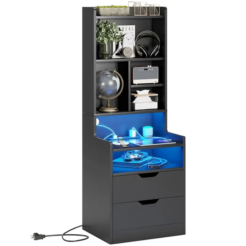 Sikaic LED Nightstand - Modern Side Table with Built-In Bookshelf Storage, Charging Station, Ideal for Bedroom Small Spaces (Indoor Furniture Side Tables)