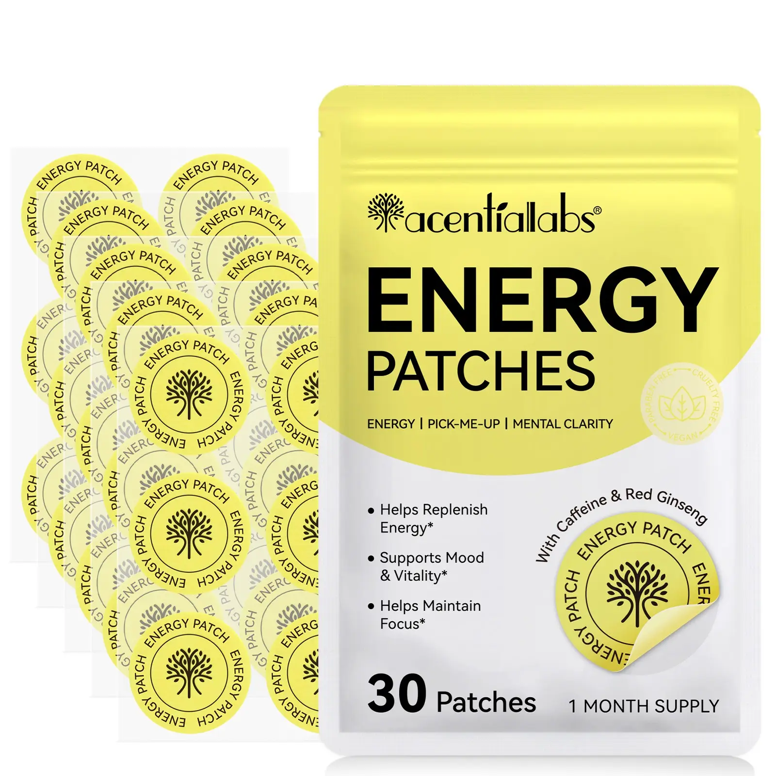 acentiallabs Energy Patches (30-pack, one month), skincare patches that boost focus and Mental Clarity, Skin Health. Strong adhesion, waterproof, and stay in place—sweat and rain won't affect their effectiveness.