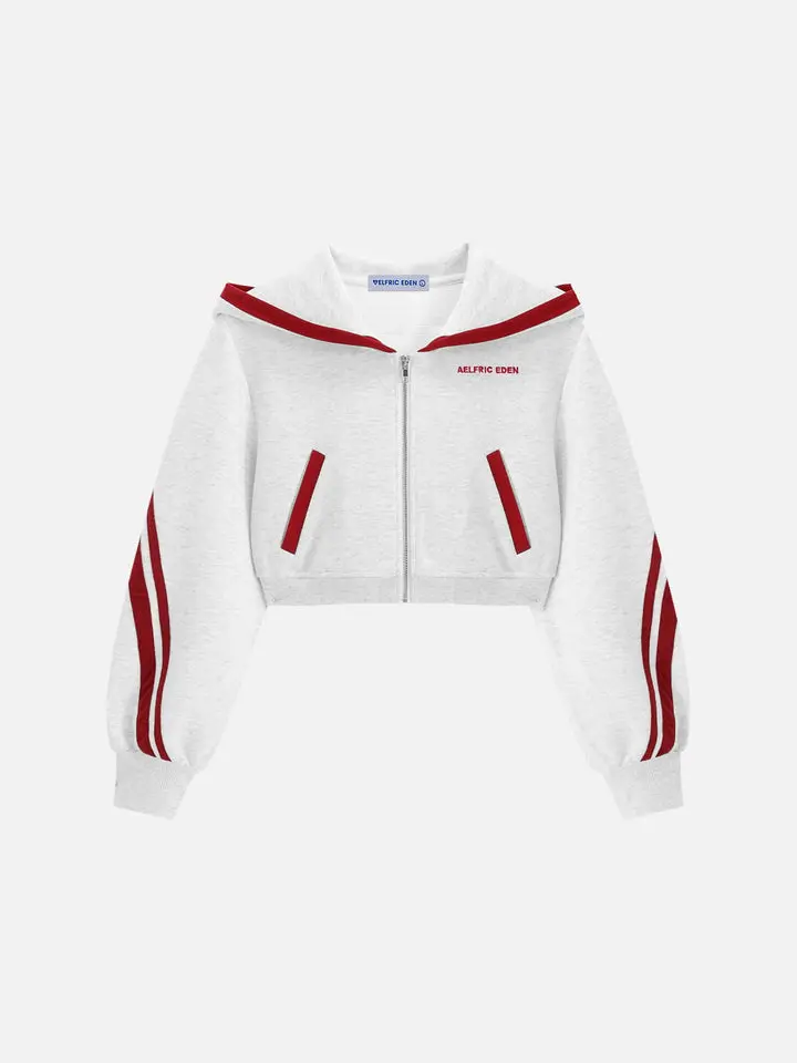Aelfric Eden Unisex Ribbed Striped Boxy Cropped Zip-Up Hoodie Sweatshirt - Sailor Collar, Contrast Stripe Long Sleeves, Stretch Knit Fabric, Everyday Fit, Daily Casual Streetwear Top - Father's Day Gifts, Sweatshirts, Long Sleeve, Polyester