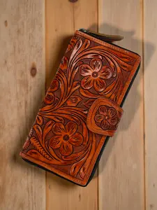 Western Genuine Leather Tooled Women's Wallet Clutch Organizer, Full Grain Long Wallet, Flower Rodeo Wallet For Cowgirl Zip Purse Card Case