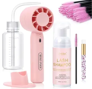 EMEDA Lash Shampoo Kit 2.02 fl oz Lash Cleaning Kit with Rechargeable Fan Dryer/Brush/Rinse Bottle, Oil-free Cleanser Wash for Extensions & Clusters & Natural Eyelashes, Cleaner for Eyelash Care