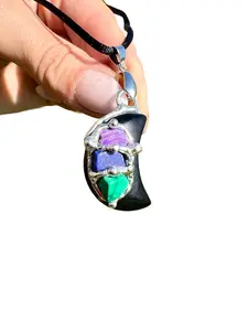 Positive Thoughts Moon Amulet Pendant with Black Satin Cord, Black Tourmaline, Sugilite, Malachite, Lapis Lazuli