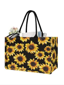 Sunflower Pattern Tote Bag Set, Large Capacity Shoulder Bag & Cosmetic Bag, Travel Bag & Makeup Bag, Casual Trendy Versatile High-quality Daily Commuting Bag Set, Stylish Tote Bag