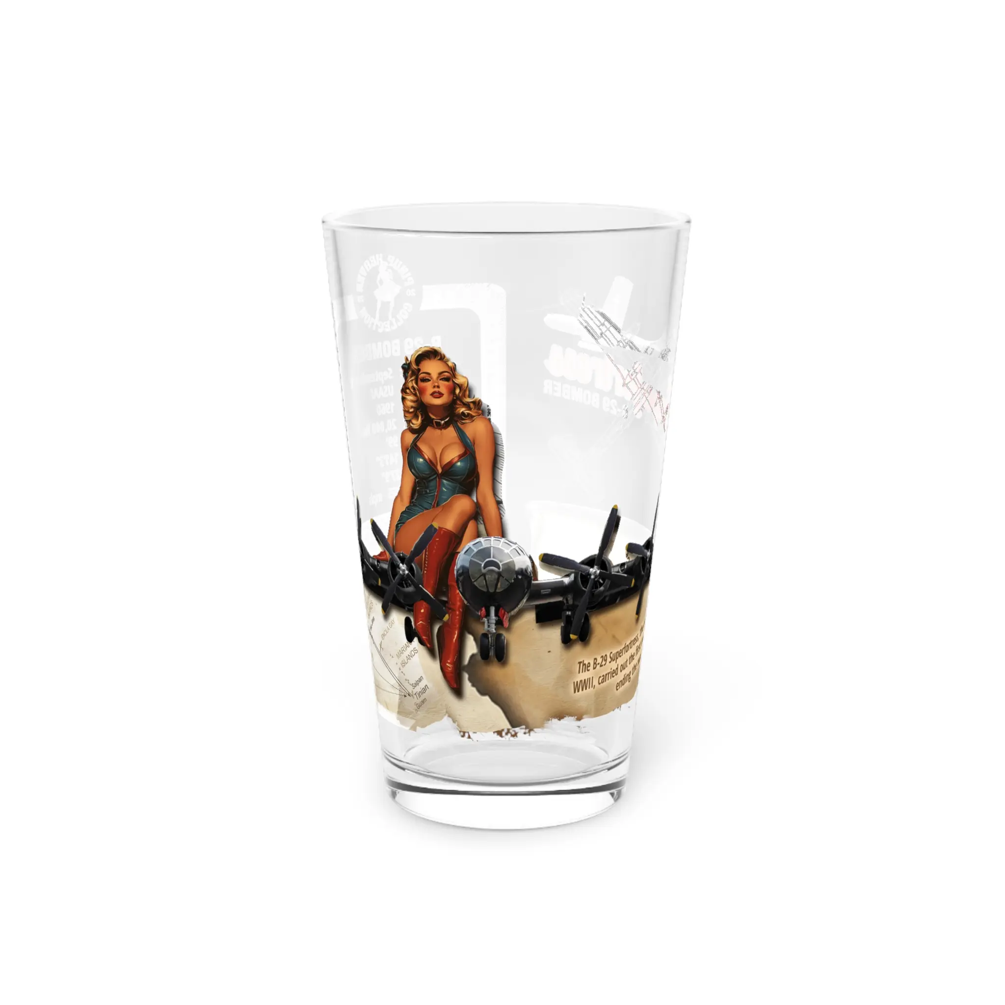 Limited Edition WWII B-29 Superfortress Pint Glass 16oz Beer Glass with Vintage Aviation Nostalgia and 1940s Pin-up Art Drinkware