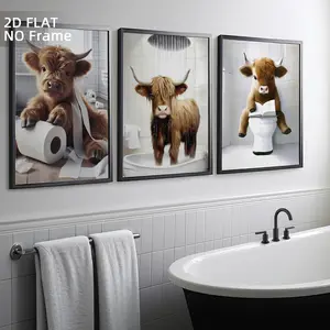 3 Pcs Unframed Highland Cow Bathroom Wall Art, Decorative Wall Art, Farmhouse Animal Decor, Scottish Cow Posters, Prints for Restroom, Cow Canvas Painting Gift, Decoration