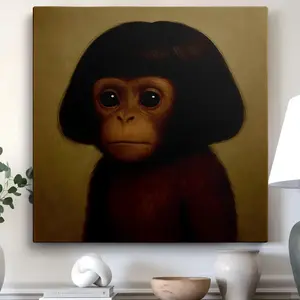 Funny Bob Haircut Monkey Canvas Art | Quirky Vintage Chimp Portrait | Weird Room Decor wall