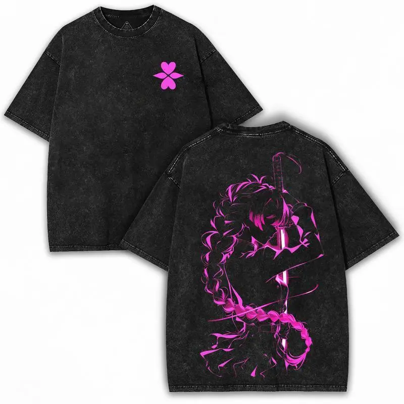 Women's Demon Slayer Mitsuri Love Hashira Rage Mode Shortleeve Casual Top, Heavy Washed Cotton Oversized Distressed Festive Tee for Anime Blade Fans Collector Drop, Shortsleeve, Tshirt, Vintage, Streetwear, Fit, Digital Print