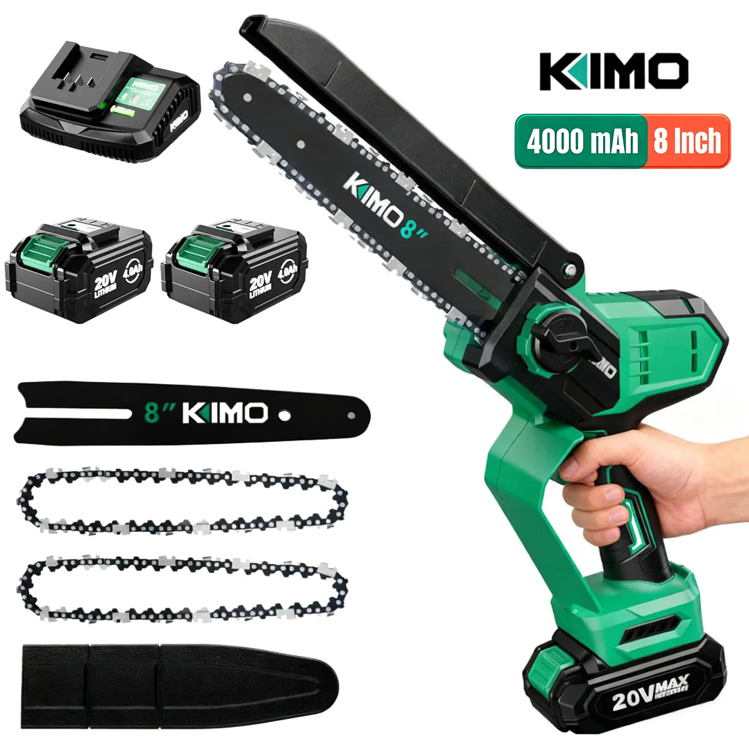 KIMO 8-Inch Metal Compact Brushless Motor Cordless Mini Electric Chainsaw, 4000mAh Battery, Fast Charger, 34 FT/S Cut Speed, Auto Oiler, Handheld Tool for Tree Trimming & Pruning