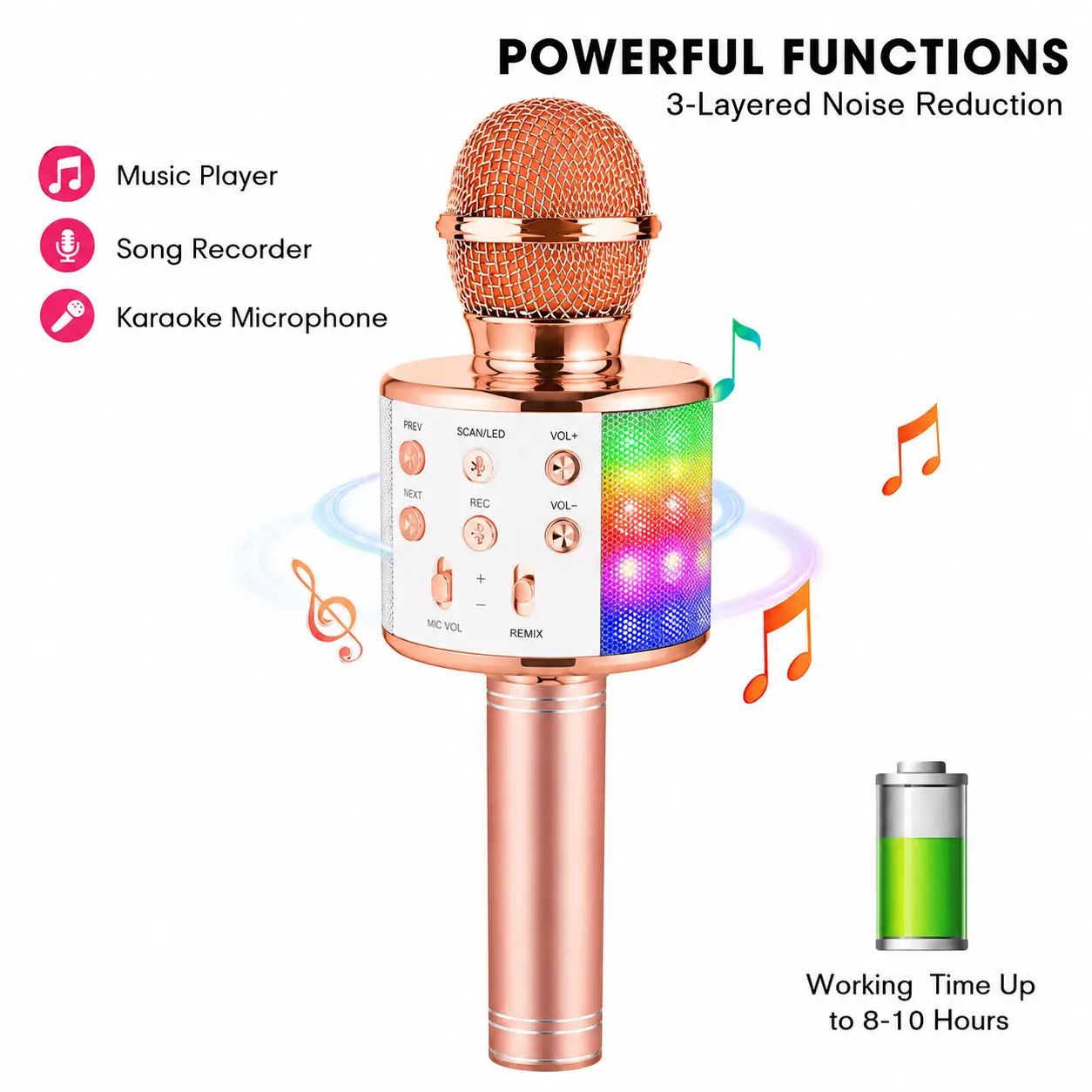 LED Wireless Bluetooth Handheld Karaoke Microphone with Colorful LED Light Effects, Built-in Speaker, Rechargeable Battery, Music Player, Karaoke Setup for Party, Family Gatherings