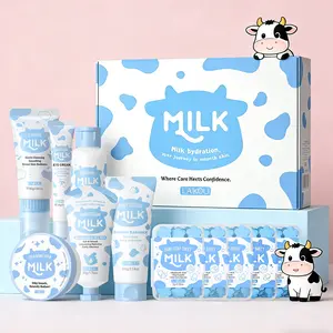 Moisturizing Hydrating Milk Skincare Set with Glow Moisturizer, Moisture, Hydrate, 16pcs/set, Including Facial Cleanser, Toner, Essence, Eye Cream, Face Cream, Sun Cream, Scrub, Mask, Hair Band, Makeup Bag and Duck Accessory