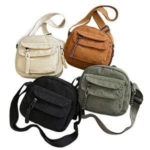 Women's Corduroy Shoulder Bag with Zipper Crossbody Bag for Daily Use Adjustable Strap Korean Style Casual Messenger Bag 2025 Fashion