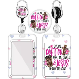 Retractable Nurse Badge Reel Belt Holder, 1 Count Coffee & Letter Pattern ID Badge Clip, ID Badge Holder for Women's Vertical ID Sleeve Men, Custom Lanyard