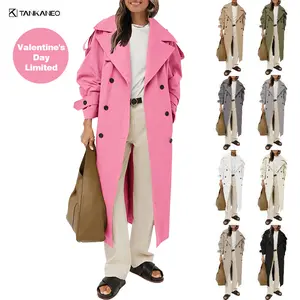 【Valentine Gifts】TANKANEO Womens Oversized Long Trench Coat Double Breasted Lapel Windproof Overcoat with Belt Jacket