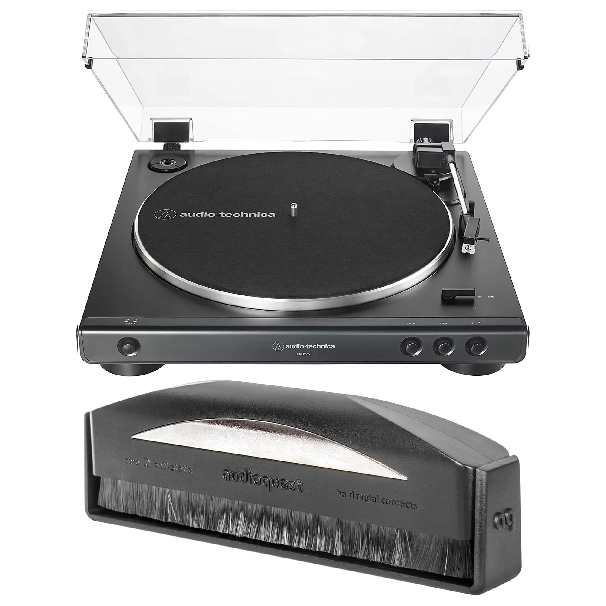 Audio-Technica AT-LP60X-BK 2018 Model Fully Automatic 2-Speed Belt-Drive Turntable (for Collectibles, Vinyl Records) with AudioQuest AQSLVRRECBRUSH Anti-Static Record Brush