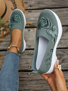 Vintage Embroidered Flyknit Casual Shoes, Soft Sole Shock Absorption, Versatile Flat Shoes, Breathable Non-Slip Comfort, Walking Shoes