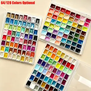Shimmer Glitter & Plain Solid Watercolor Paint, 64 Colors Pearlescent Metallic Pigment, Portable Mini Kit for DIY Art Creation