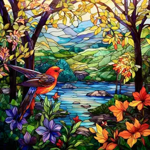 5D Diamond Painting Kit - Stained Glass Style Red Bird in Autumn Forest by the River, Full Round Drill Vibrant Nature Mosaic Art, DIY Rhinestone Embroidery for Living Room Decor