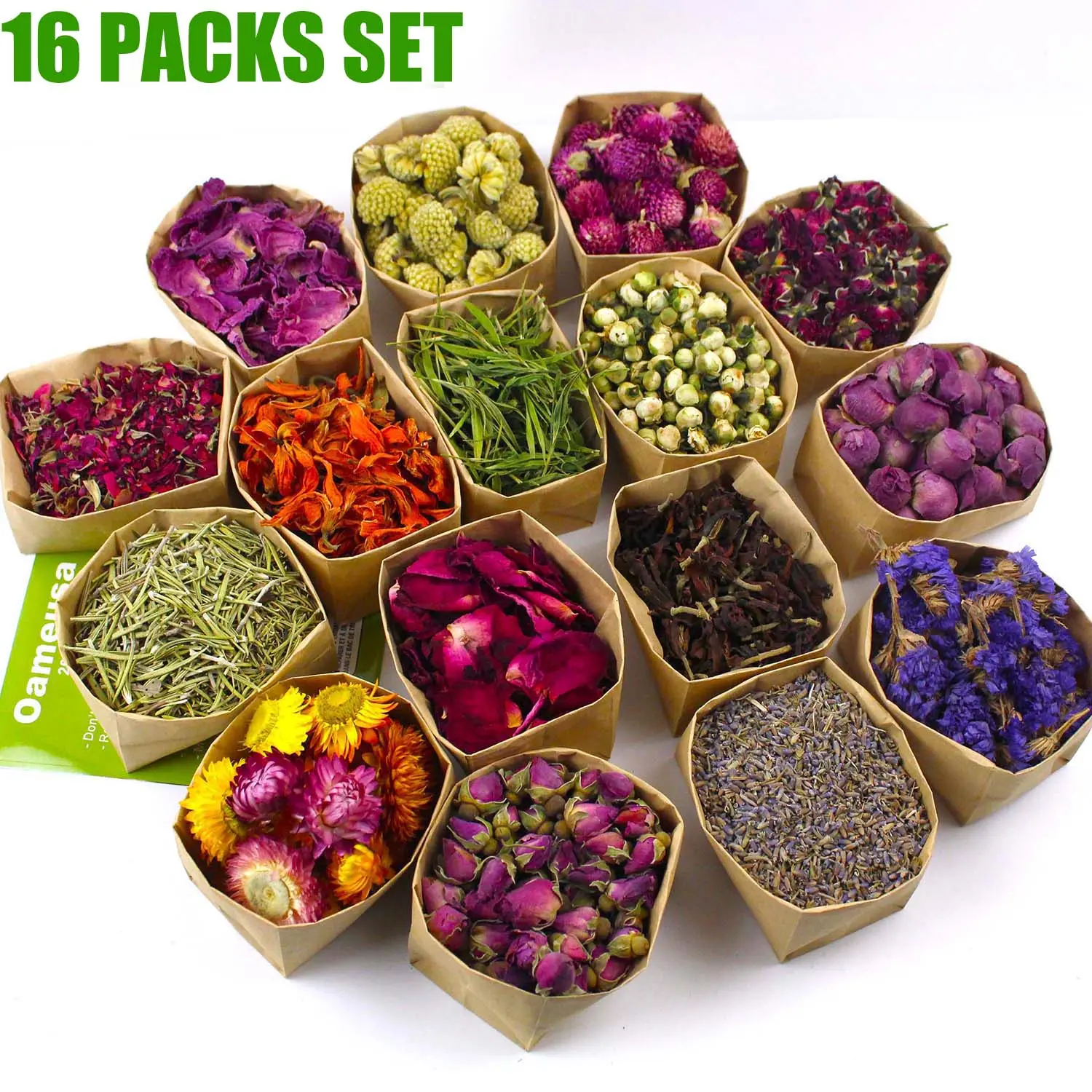 16 Packs Set Dried Flowers,Dried Plants For DIY Aromatherapy Candle Making,Soap Making,Jewelry Making,DIY Handicrafts,Christmas gifts,Mother's Day decorations,Halloween decorations,Forget-me-nots, Jasmine Flowers, Lavender,Chrysanthemums,Roses, Lily,Peony