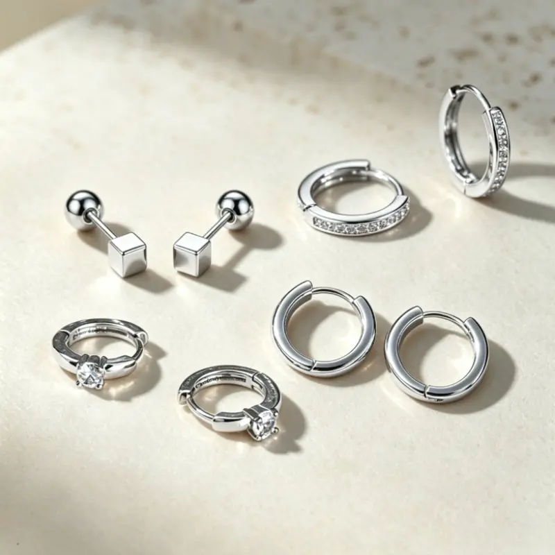 4 Pairs Cool-Tone Metallic Huggie Earring Set, CZ Pavé Solitaire Cube Barbell and Plain Hoops, Hypoallergenic Cartilage Earrings for Women Stack Gift