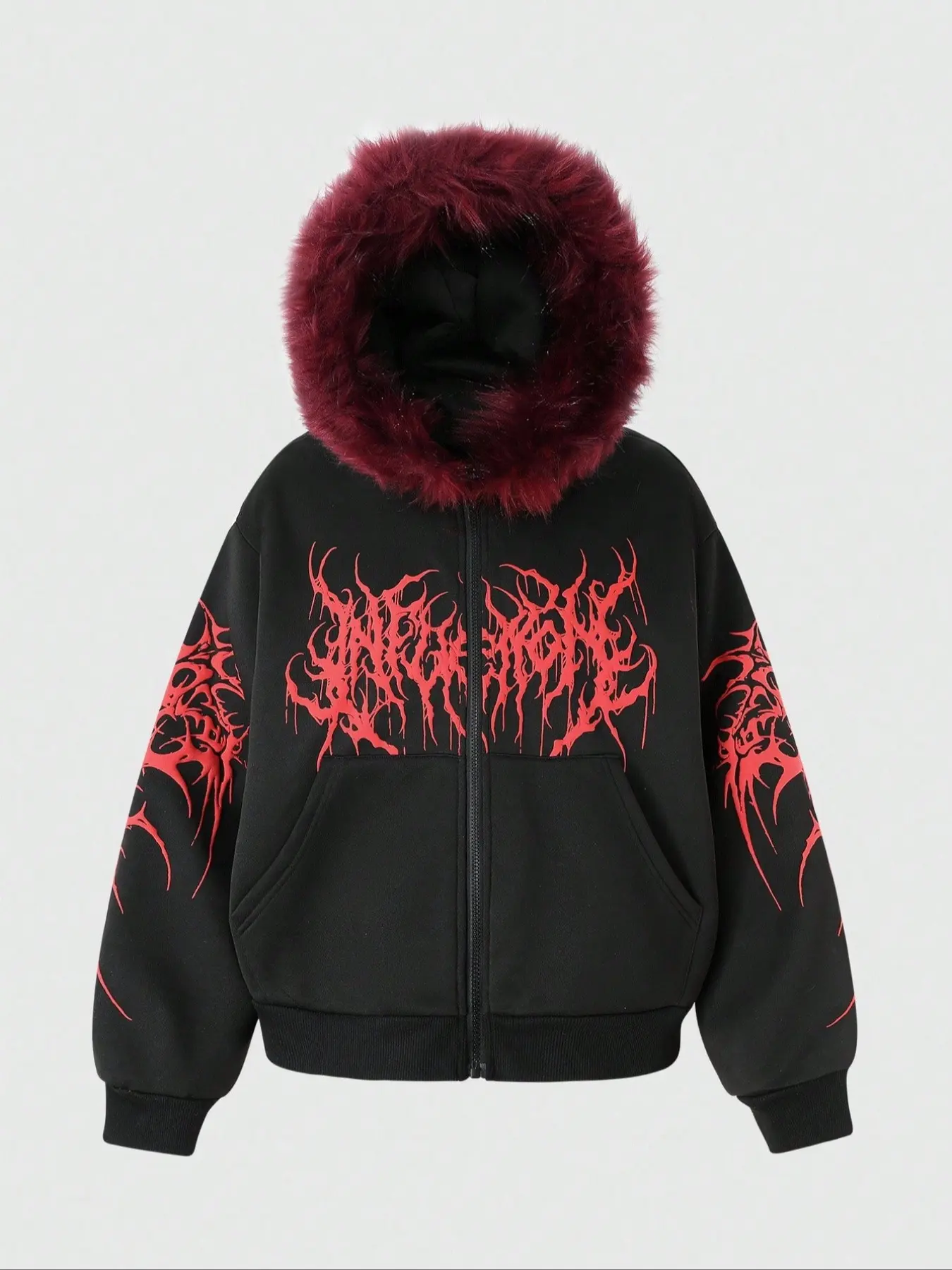 Colorblock Hooded Zipper Jacket, Trendy Fashion Design with Geometric Art Font Pattern, Faux Fur Lined Cap, Streetwear Style, Long Sleeve