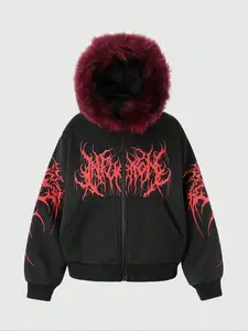 Colorblock Hooded Zipper Jacket, Trendy Design with Art Font Pattern, Faux Fur Lined Cap, Streetwear Style