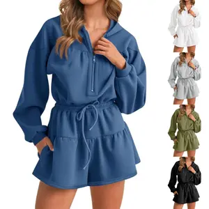 PASLTER Womens Rompers Casual One Piece Outfits Half Zip Long Sleeve Hoodies Casual Shorts Drawstring Waist Jumpsuits