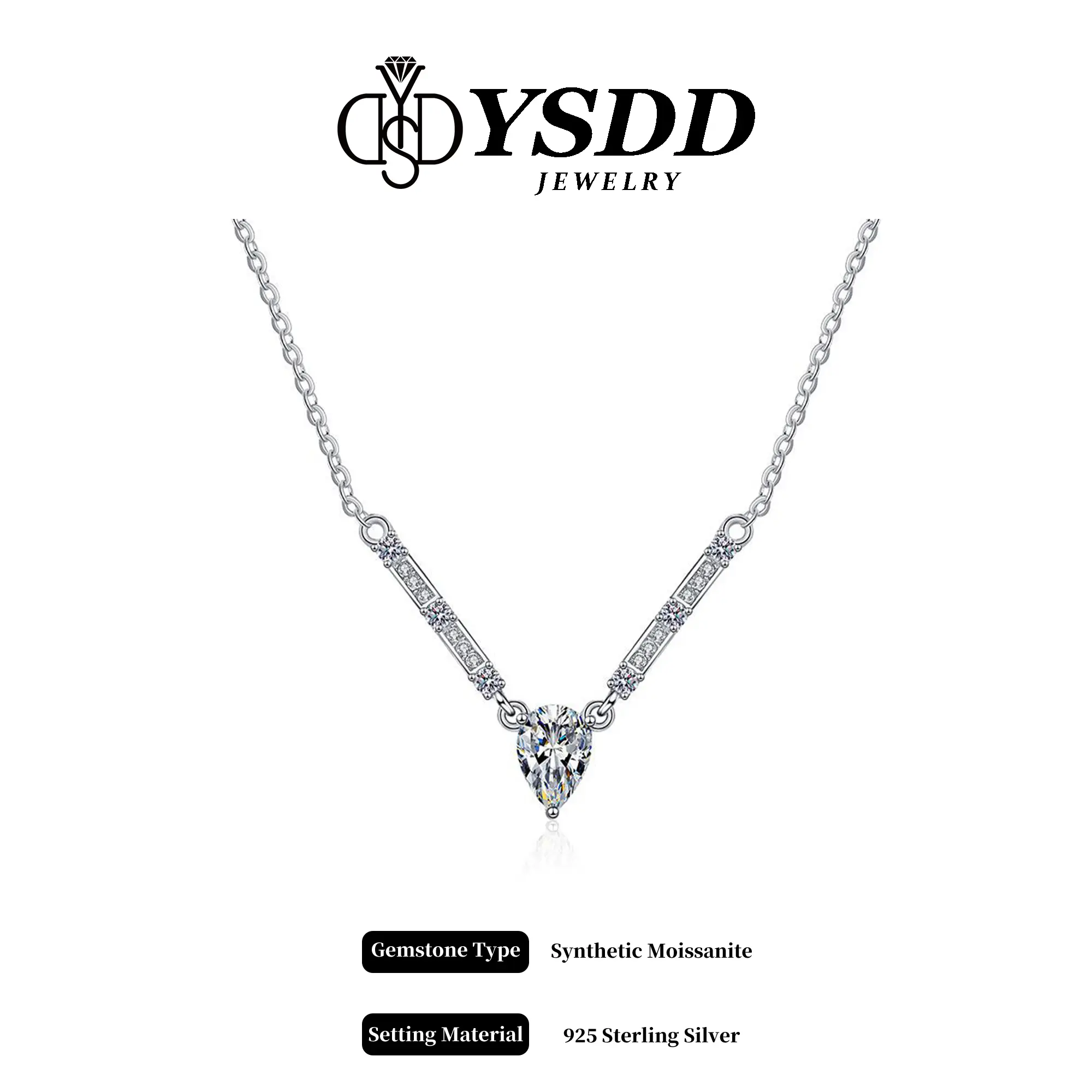【#524】V-shaped 0.8CT Pear Cut vvs Synthetic Moissanite Necklace in 925 Sterling Silver