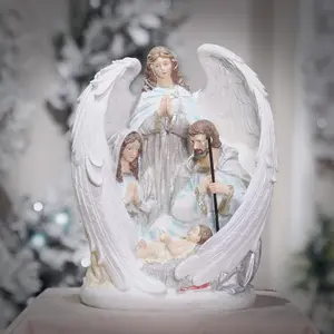 Religious Christmas Indoor Decor Holy Family Tabletop Scene Set - Baby Jesus, Angel Figurines for Women's Home Decor, 10x6.5x12.4 in