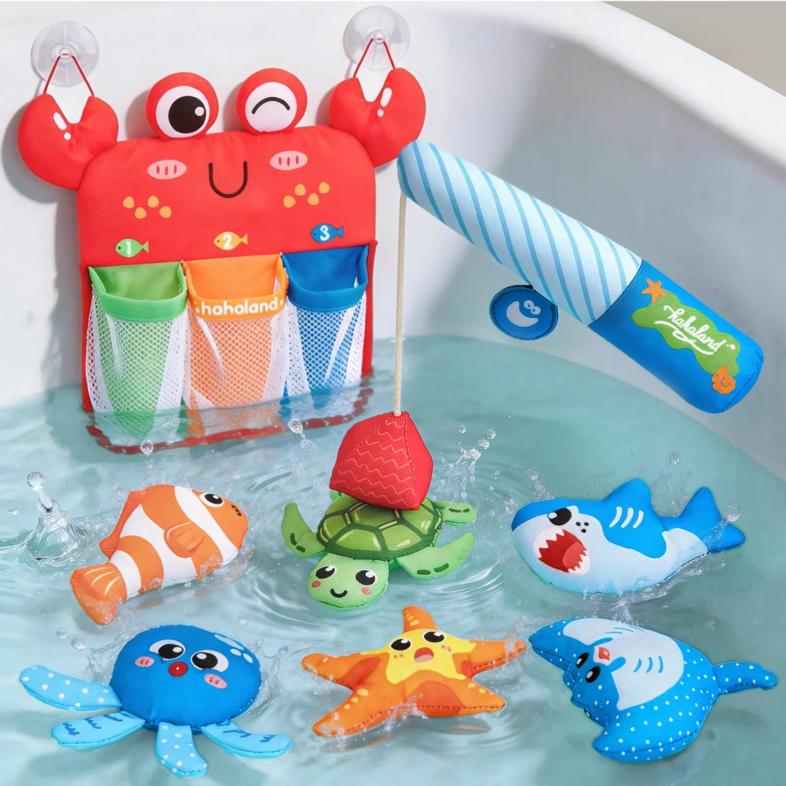 hahaland Fishing Bathing Toy,Anti-Mold 8-Piece Set, Kids Water Play Toys, Bath Toys for Babies 1-3 Years Old, Pool Swimming Toys, Montessori Fishing Game Toy for Girls and Boys, Suitable for 12+ Months Bathtoys Gifts