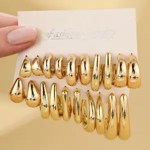 Eco-Friendly Plated Plastic Ccb Earrings, 10pcs Set, European Style, Commuter Fashion, Geometric Design Jewelry, Fashionable Jewelry Accessories, Elegant Minimalist Earrings, Geometric Shapes