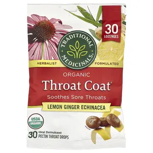Traditional Medicinals Organic Throat Coat® Drops, Lemon Ginger Echinacea, 30 Pectin Throat Drops