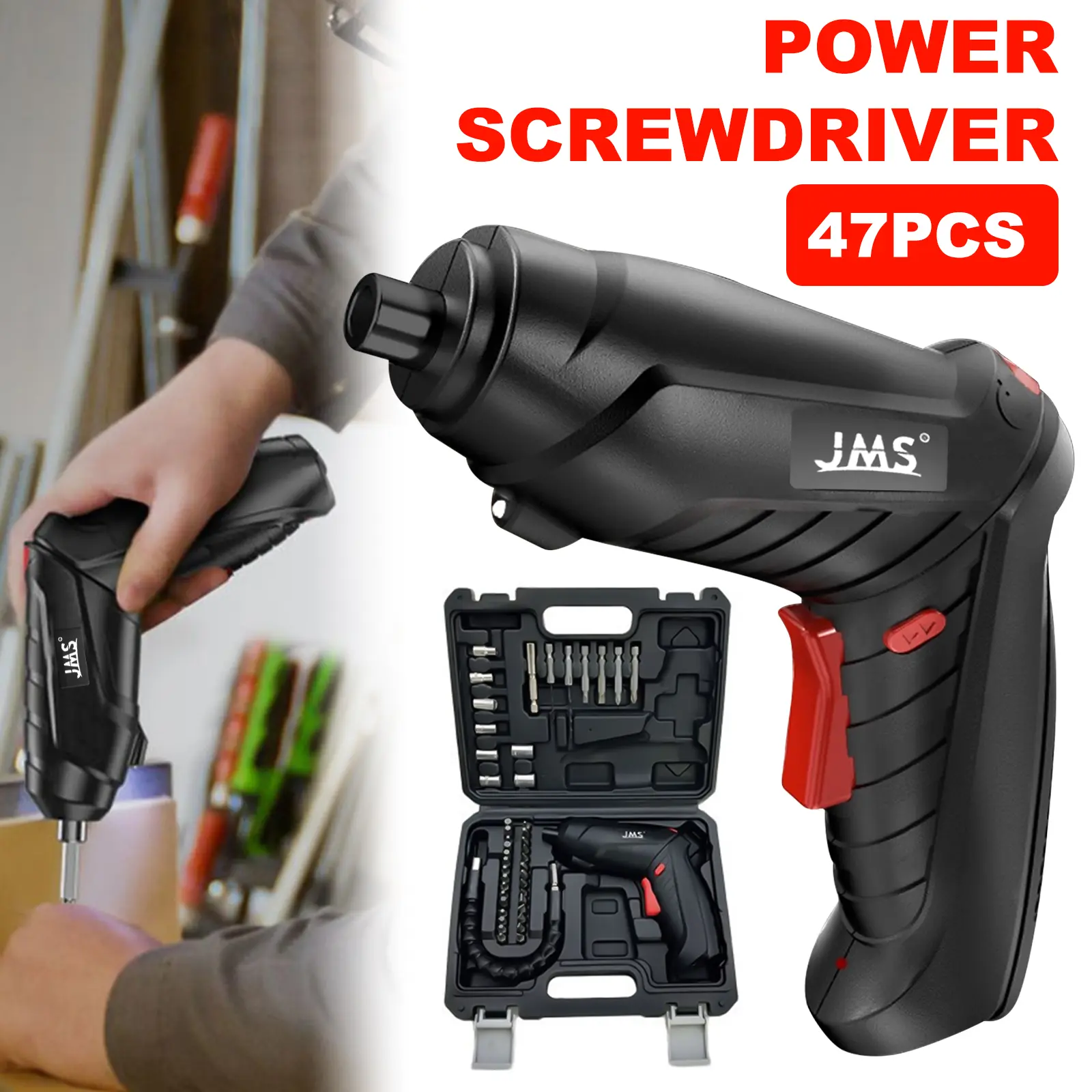 3.6V Lithium Ion Cordless Screwdriver Kit, Compact and Lightweight Power Screwdriver,  3.5Nm Maximum Torque, 1.8Ah Cordless Tool with LED Light, 47-Piece Accessory Kit,