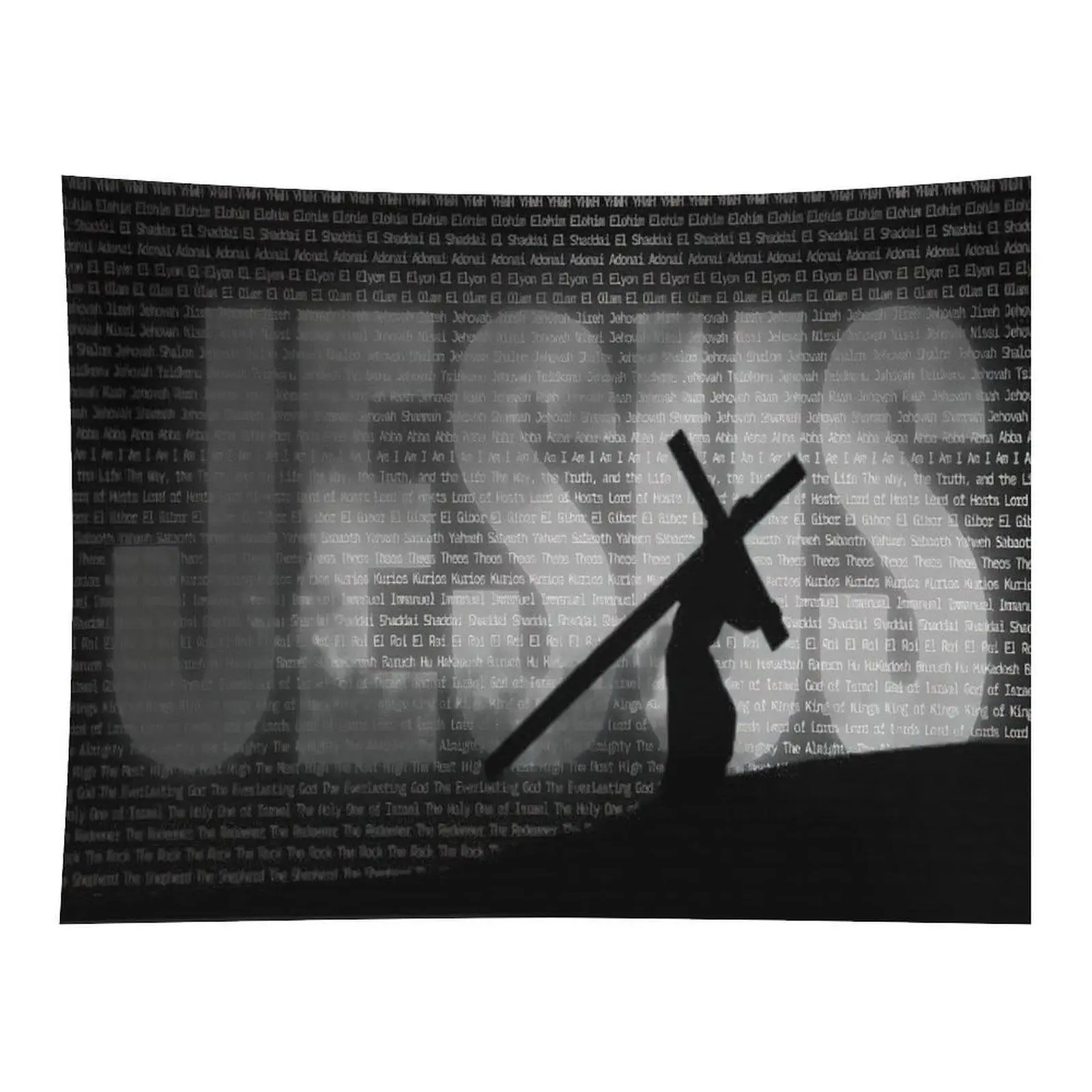 Black White Cross Motif Fabric Tapestry, Jesus Carrying Cross Christian Faith Wall Hanging for Unique Room & House Decor