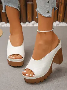 Summer New Chunky Heel Fish Mouth Sandals Women, Thick Sole Waterproof Platform Block Heel Slip-On High Heels, Vintage Plaid Fashion Shoes