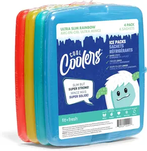 Cool Coolers 4 Pack Slim Ice Packs, Quick Freeze Space Saving Reusable Ice Packs for Lunch Boxes or Coolers, Multi Colored, Single Pack