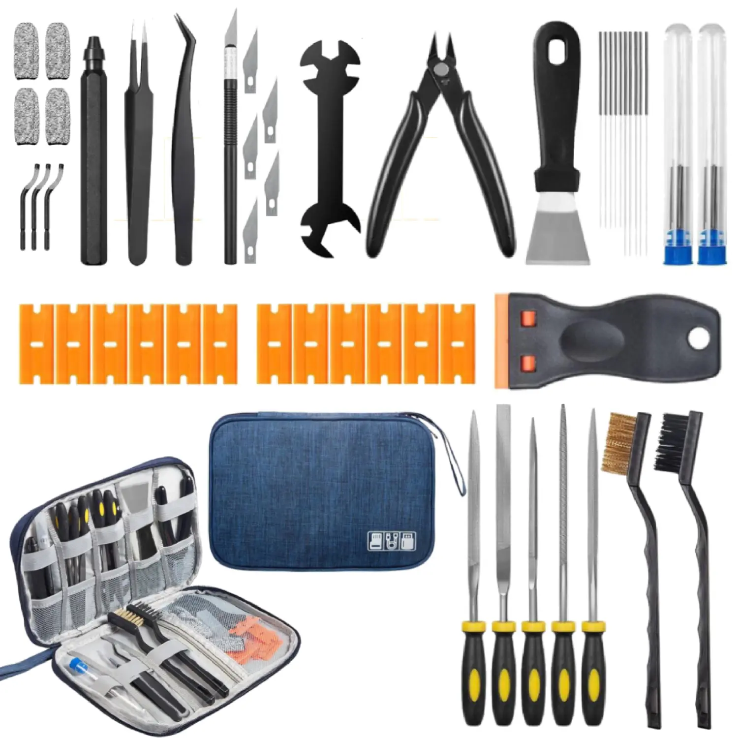 49PCS 3D Printer Tool Kit And Additions for All FDM/SLA Printers, Includes Nozzle Cleaning Kit, Scraper, Deburring Tool, Files, Brushes - Complete Starter Kit with Case