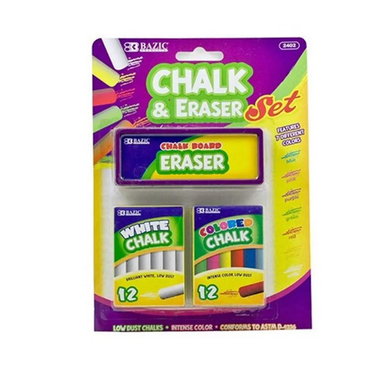 Bazic 24-Piece Chalk Set Pack - 12 Color, 12 White, Includes Eraser, School Stationery, Stationery Supplies, Writing Tool, 10.2in H x 7.4in W x 1.1in L for Creative Use, 12 Color Chalk