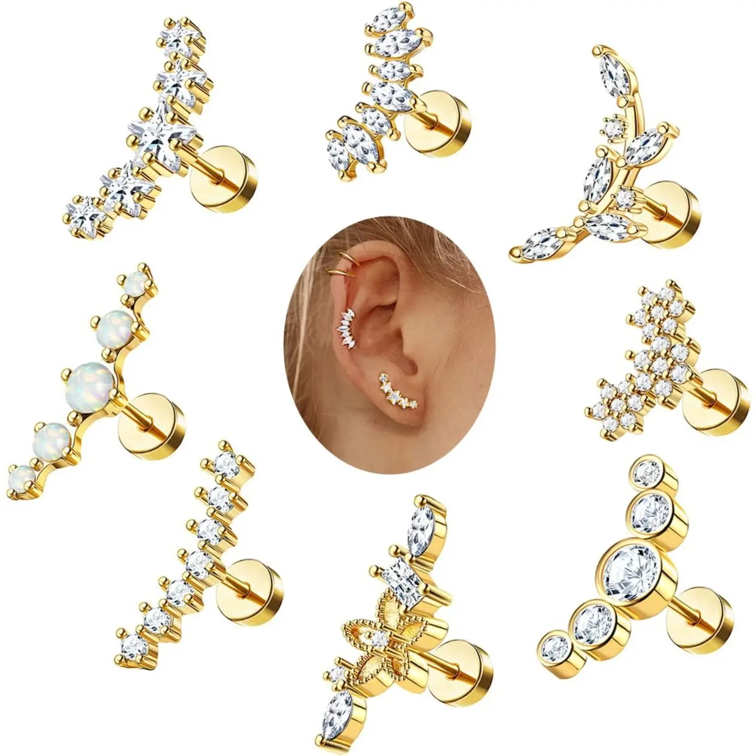 8 Pcs 16G Flat Back Earrings for Women, Hypoallergenic Nickel-Free Steel Studs with Flower & Star Shapes, Opal CZ Cartilage Jewelry for Vertical Helix & Conch Piercings, Thanksgiving Birthday Gift, Vertical Helix Earrings, 15Mm To 20Mm, Business, Christma