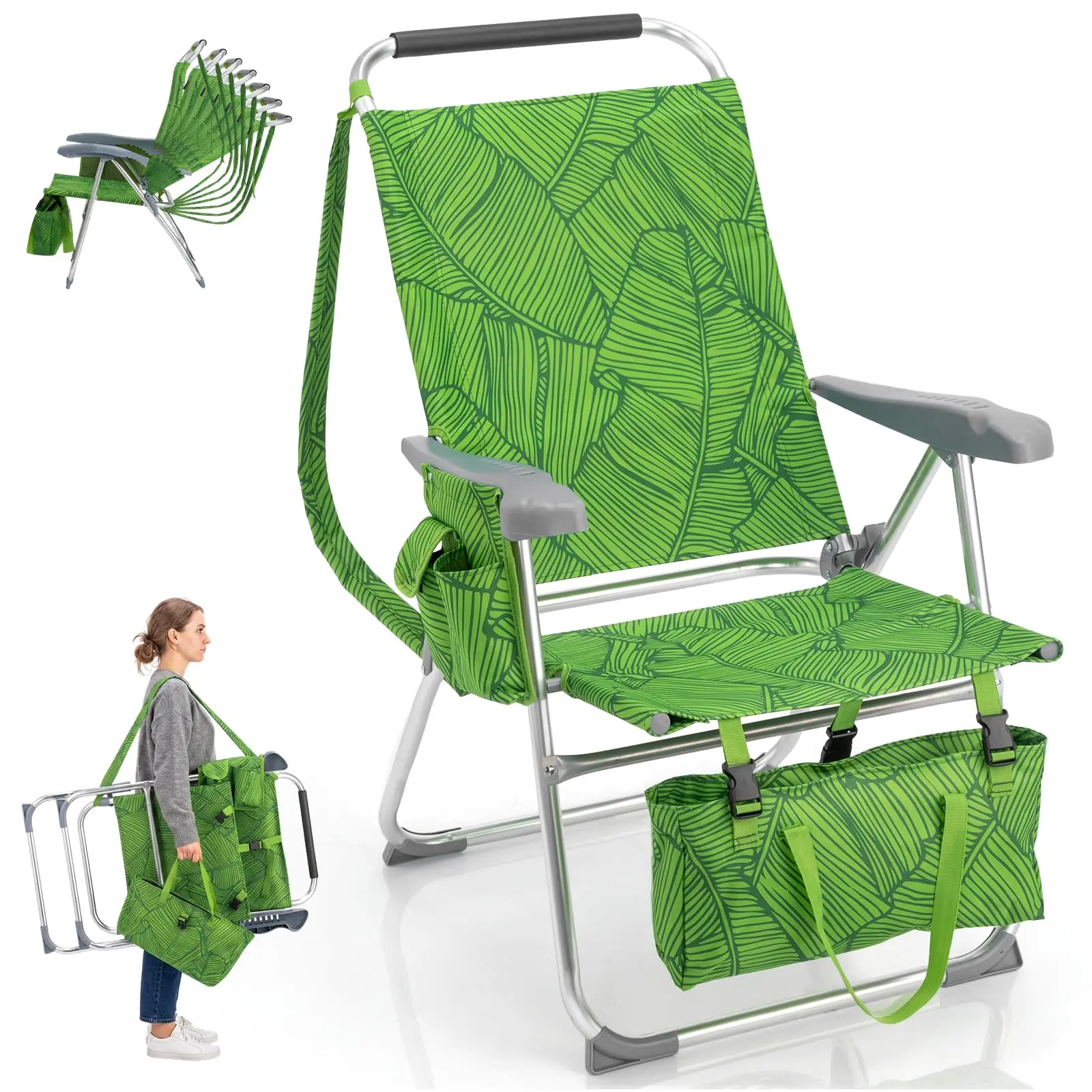 Lightweight Aluminum Beach Chair - Foldable Reclining, Adjustable Portable, Compact Collapsible Fold-Out Chair with 7-Position Backrest, Detachable Storage Bag, Carry Strap, Side Pocket, 265 lbs Capacity for Camping, Lawn Use, Adjustable Portable Chairs,