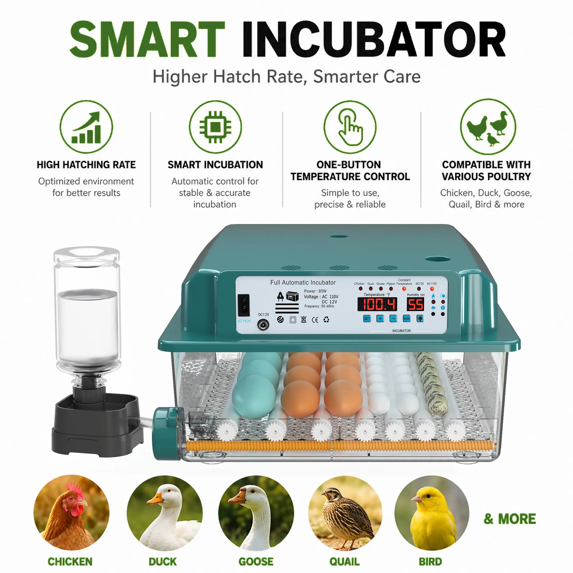 2026 Smart 36 Egg Incubator with Automatic Egg Turner & Humidity Display - Fully Automatic Poultry Hatcher for Chicken, Duck, Quail & Goose Eggs