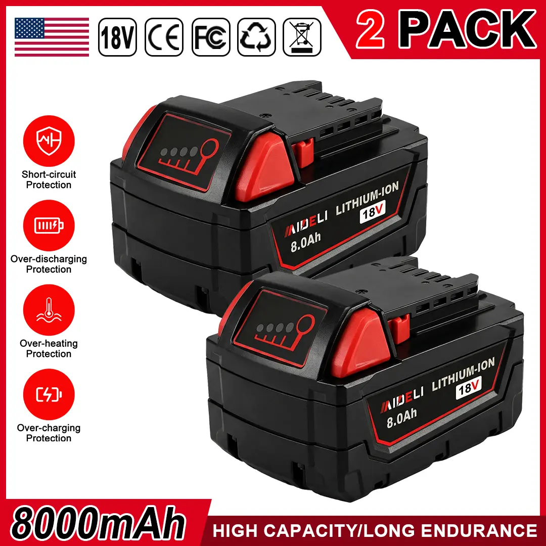2-Packs 18V 8.0Ah High Output Power Tool Batteries, Replacement Lithium-ion Batteries for Milwaukee M-18 48-11-1865/48-11-1850 Cordless Tools, High Output Battery