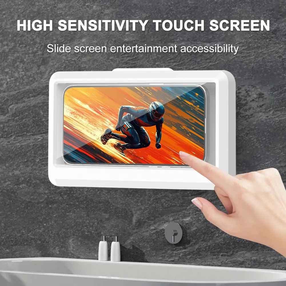Waterproof Bathroom Smartphone Holder Stand, Anti-Fog Transparent Touch Screen Wall Mount, 360° Rotatable Punch-Free ABS Protective Case for Up to 7in Phones, Adjustable Installation Mobile Phone Accessories