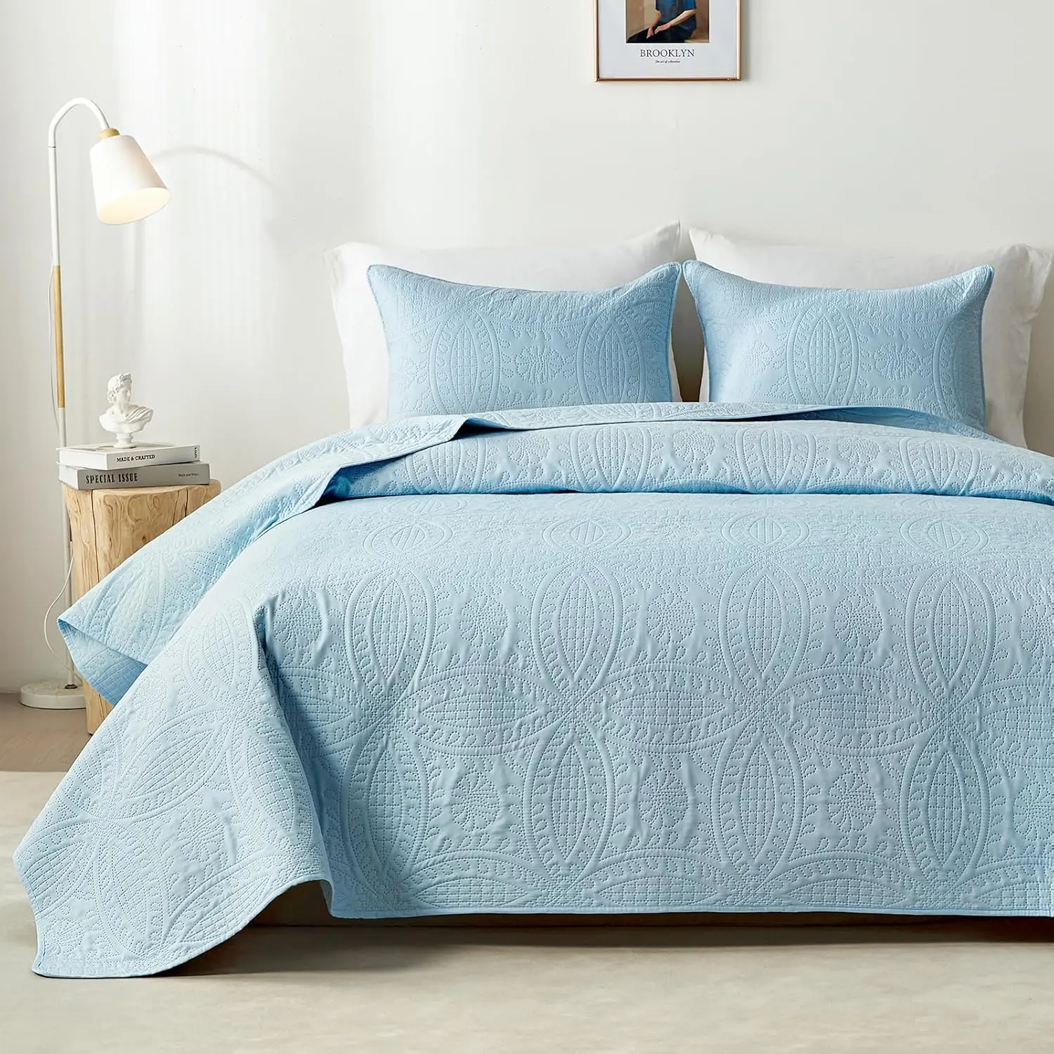 【Deals For You Days】Queen Quilt Bedding Set, Sky Blue Ultrasonic Queen/King Quilt Set, Lightweight Soft Bedspread Coverlet, Modern Style Coin Pattern Bed Cover for All Seasons, 3 Piece (1 Quilt, 2 Pillow Shams)