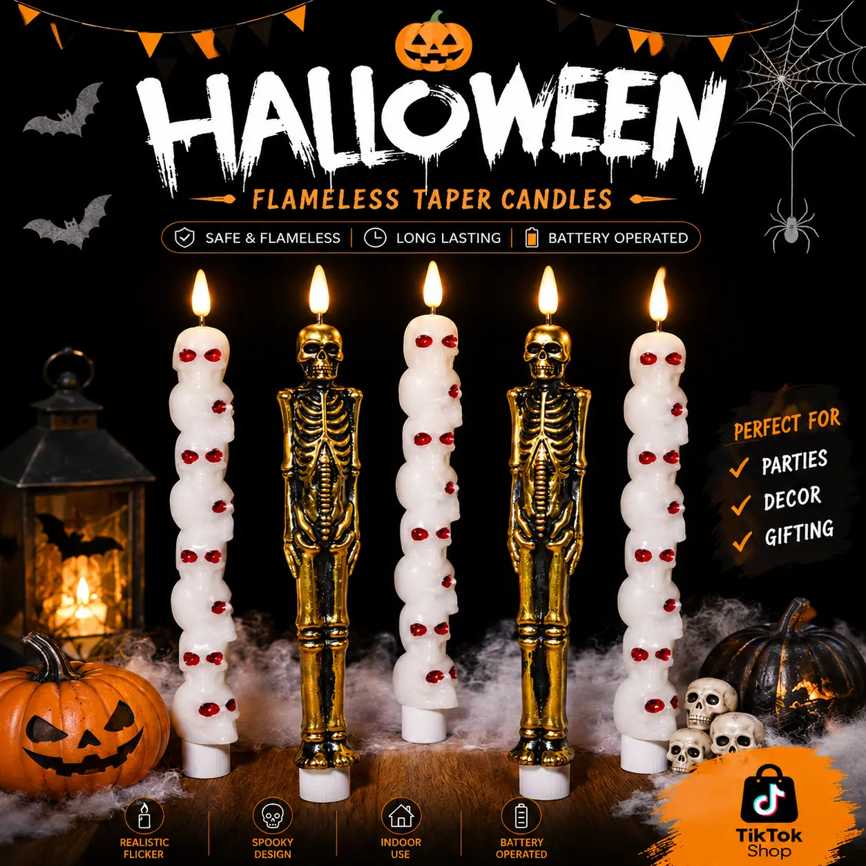 Halloween Flameless Taper Candles, LED Skeleton & Skull Stack Design Candles with Realistic Flickering Flame, Battery Operated Decorative Candles for Halloween Party Home Decor Table Centerpiece