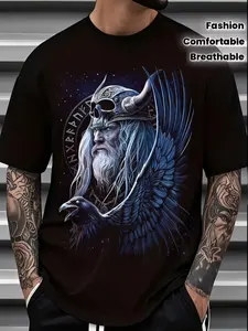 100% Cotton Men's Odin Warrior Viking Style 3D Print T-Shirt - Soft 100% pure cotton, summer short-sleeved T-shirt, letter print, comfortable and breathable cotton fabric, machine washable, suitable for everyday and work wear, ideal gift.merch for men